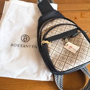 Bostanten Vegan Leather Sling Bag Monogram Crossbody Backpack Beige Black